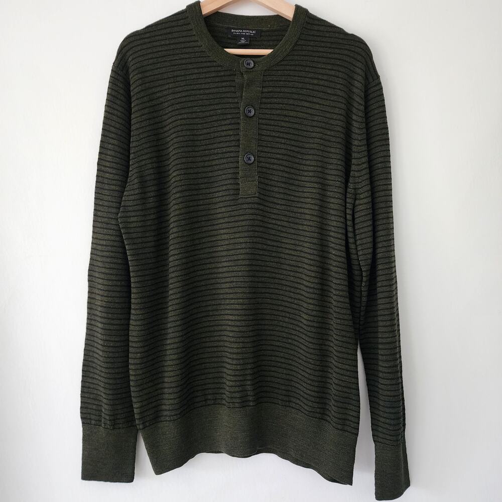 Banana Republic Extra Fine Merino Wool green‎ stiped 1/4 button sweater size XL